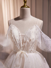 Ivory V-Neck Beaded Straps Party Dress, Ivory Knee Length Prom Dress