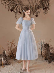 Gray Tulle Pearl Short Prom Dress, Cute Short Sleeve Party Dress