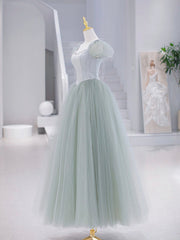 Green Tulle Floor Length Prom Dress, Green Short Sleeve Evening Party Dress