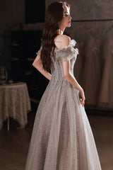 Gray Tulle Sequins Long Prom Dresses, A-Line Off the Shoulder Evening Dresses