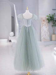 Green Tulle Floor Length Prom Dress, Green Short Sleeve Evening Party Dress