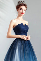 Blue Gradient Tulle Long Party Dresses, A-Line Elegant Lace-Up Prom Dresses