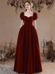 Burgundy Velvet Floor Length Prom Dress, Burgundy Short Sleeve Formal Dress