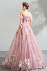 Pink Lace Long A-Line Prom Dress, Off the Shoulder Evening Party Dress