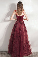 Burgundy Spaghetti Strap Tulle Long Prom Dress, Lovely A-Line Prom Dress