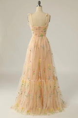 Champagne Tulle Lace Floor Length Prom Dress, A-Line Spaghetti Straps Evening Dress