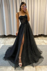 Black Lace Long A-Line Prom Dresses, Black Spaghetti Strap Evening Dresses