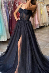 Black Lace Long A-Line Prom Dresses, Black Spaghetti Strap Evening Dresses