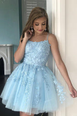 Blue Lace Short Prom Dress, Cute A-Line Homecoming Party Dress