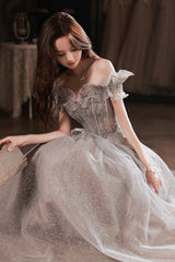 Gray Tulle Sequins Long Prom Dresses, A-Line Off the Shoulder Evening Dresses