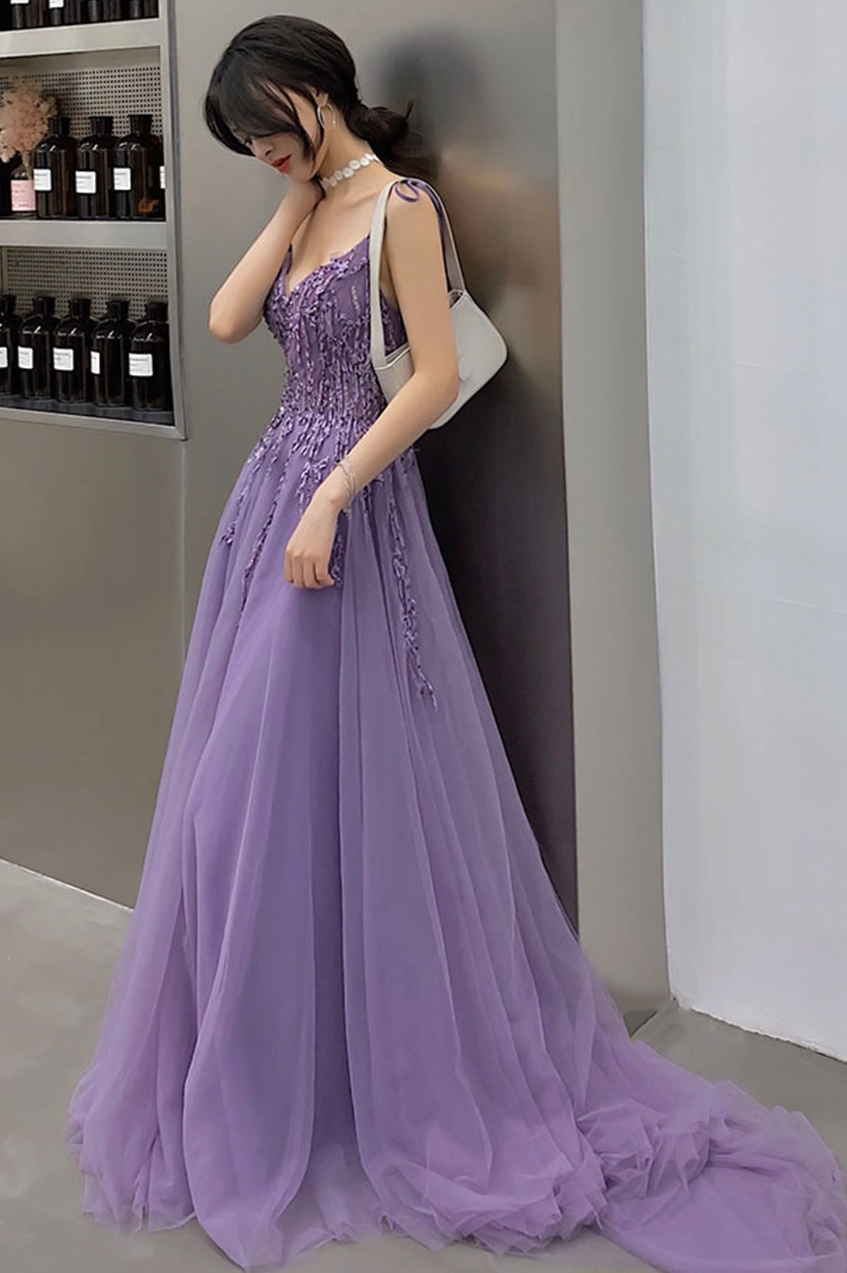 Purple Lace Long Prom Dresses, A-Line Purple Evening Graduation Dresses