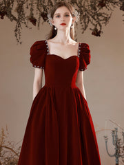 Burgundy Velvet Floor Length Prom Dress, Burgundy Short Sleeve Formal Dress