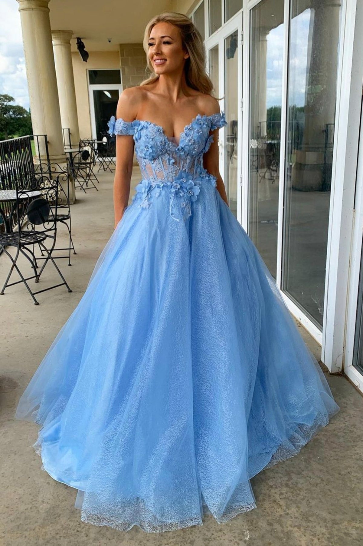 Blue Tulle Lace Long Prom Dresses, A-Lone Off the Shoulder Evening Dresses