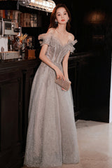 Gray Tulle Sequins Long Prom Dresses, A-Line Off the Shoulder Evening Dresses