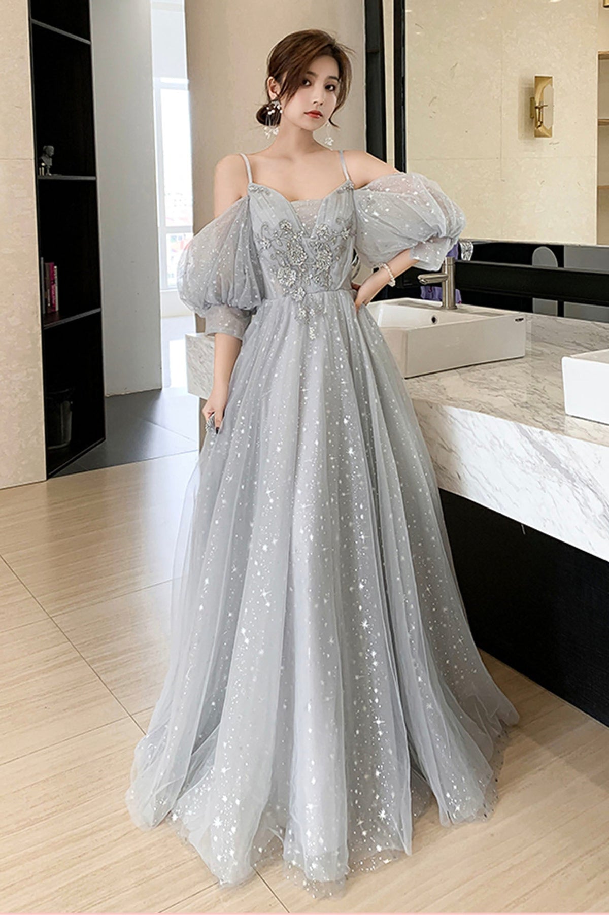Gray Tulle Sequins Long Prom Dresses, A-Line Evening Dresses