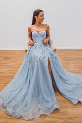 Blue Lace and Tulle Long Prom Dresses, A-Line Strapless Evening Dresses