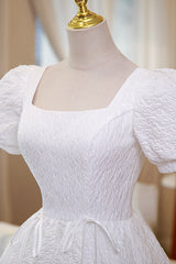 White A-Line Homecoming Dress, Cute Short Sleeve Evening Dress