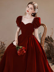 Burgundy Velvet Floor Length Prom Dress, Burgundy Short Sleeve Formal Dress