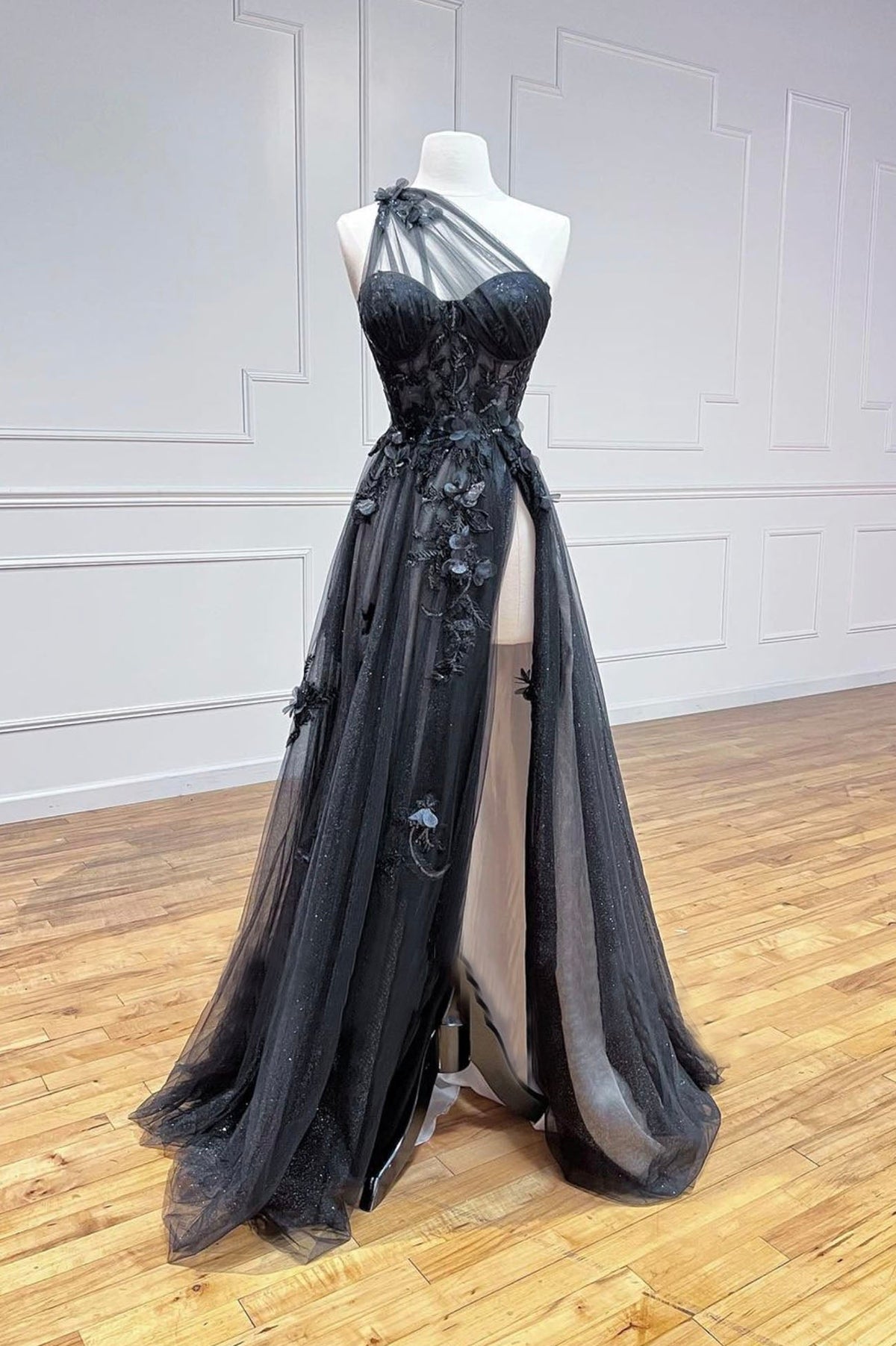Black Tulle Lace Long Prom Dress, One Shoulder Evening Dress with Slit