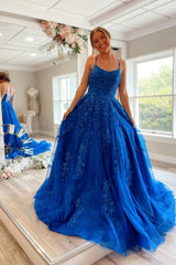 Blue Lace Long Prom Dresses, A-Line Backless Evening Party Dress