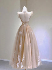 Champagne Lace Tea Length Prom Dresses, A-Line Evening Dresses