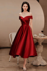 Burgundy Satin Short Prom Dresses, Off the Shoulder Evening Dresses