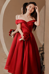 Burgundy Satin Short Prom Dresses, Off the Shoulder Evening Dresses