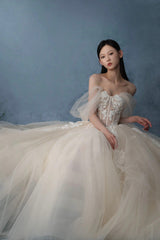 Off the Shoulder Lace Long Champagne Prom Dress, Lace Evening Formal Gown