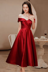 Burgundy Satin Short Prom Dresses, Off the Shoulder Evening Dresses