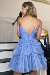 Cute V-Neck Tulle Short Prom Dress, A-Line Spaghetti Strap Party Dress