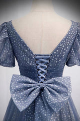 Blue V-Neck Tulle Long Prom Dresses, A-Line Evening Dresses