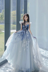 Blue Tulle Long A-Line Prom Dress with Lace, Lovely Evening Party Dress