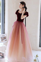 Burgundy Velvet Tulle Long Prom Dresses, A-Line Evening Dresses