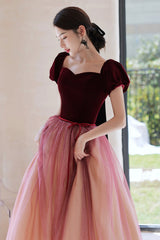 Burgundy Velvet Tulle Long Prom Dresses, A-Line Evening Dresses