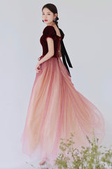 Burgundy Velvet Tulle Long Prom Dresses, A-Line Evening Dresses