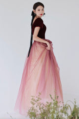 Burgundy Velvet Tulle Long Prom Dresses, A-Line Evening Dresses