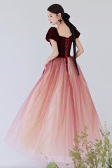 Burgundy Velvet Tulle Long Prom Dresses, A-Line Evening Dresses