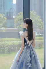Blue Tulle Long A-Line Prom Dress with Lace, Lovely Evening Party Dress