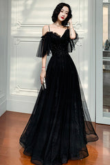 Black Lace Long A-Line Prom Dress, Black Off the Shoulder Evening Dress