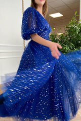 Cute V-Neck Tulle Short Prom Dress, Lovely Puff Sleeve Homecoming Dress