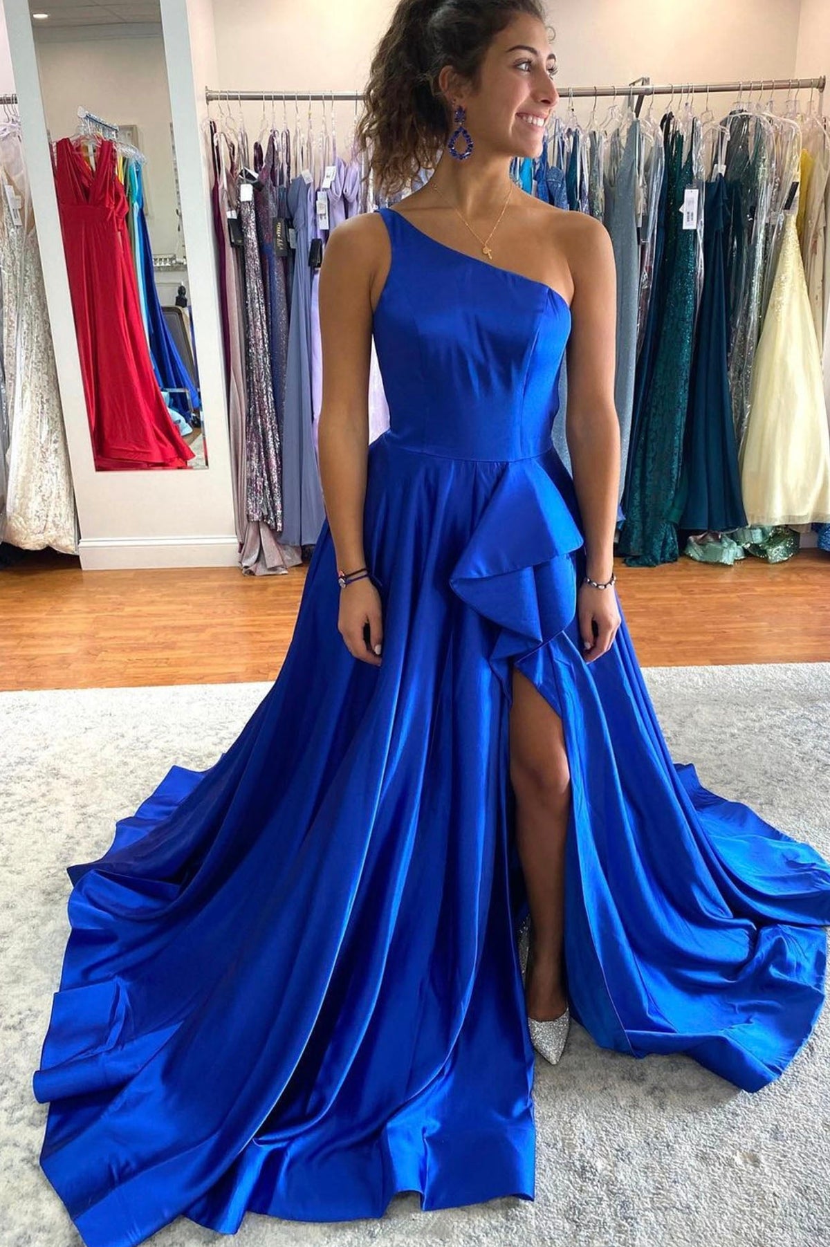 Blue Satin Long Prom Dresses, One Shoulder Evening Dresses