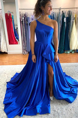 Blue Satin Long Prom Dresses, One Shoulder Evening Dresses