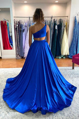 Blue Satin Long Prom Dresses, One Shoulder Evening Dresses