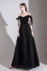 Black Tulle Off the Shoulder Prom Dress, Black A-Line Party Evening Dress