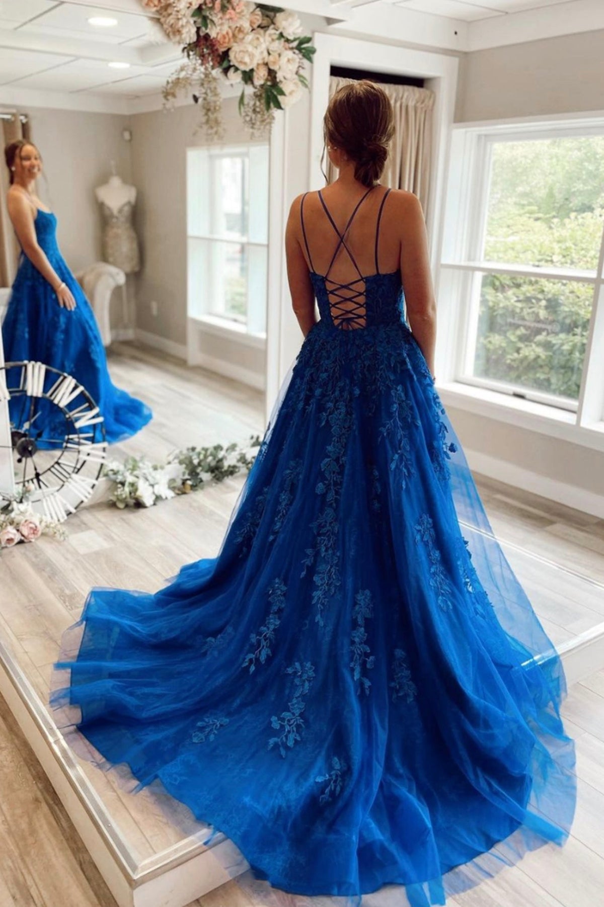 Blue Lace Long Prom Dresses, A-Line Backless Evening Party Dress