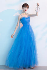 Blue Tulle Long Prom Dresses, A-Line Evening Dresses