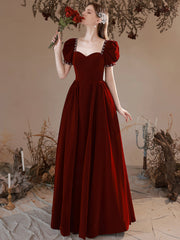 Burgundy Velvet Floor Length Prom Dress, Burgundy Short Sleeve Formal Dress
