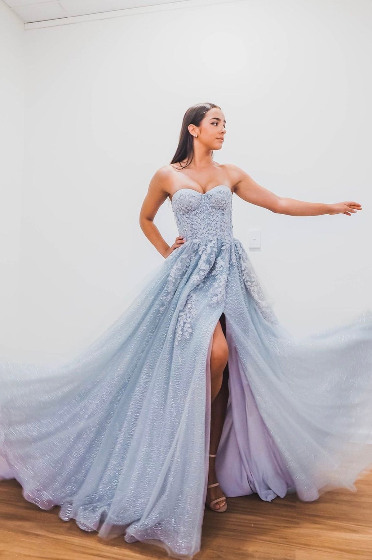 Blue Lace and Tulle Long Prom Dresses, A-Line Strapless Evening Dresses