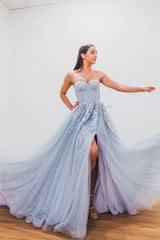 Blue Lace and Tulle Long Prom Dresses, A-Line Strapless Evening Dresses