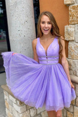 Purple Tulle Short Prom Dresses, A-Line Party Evening Dresses